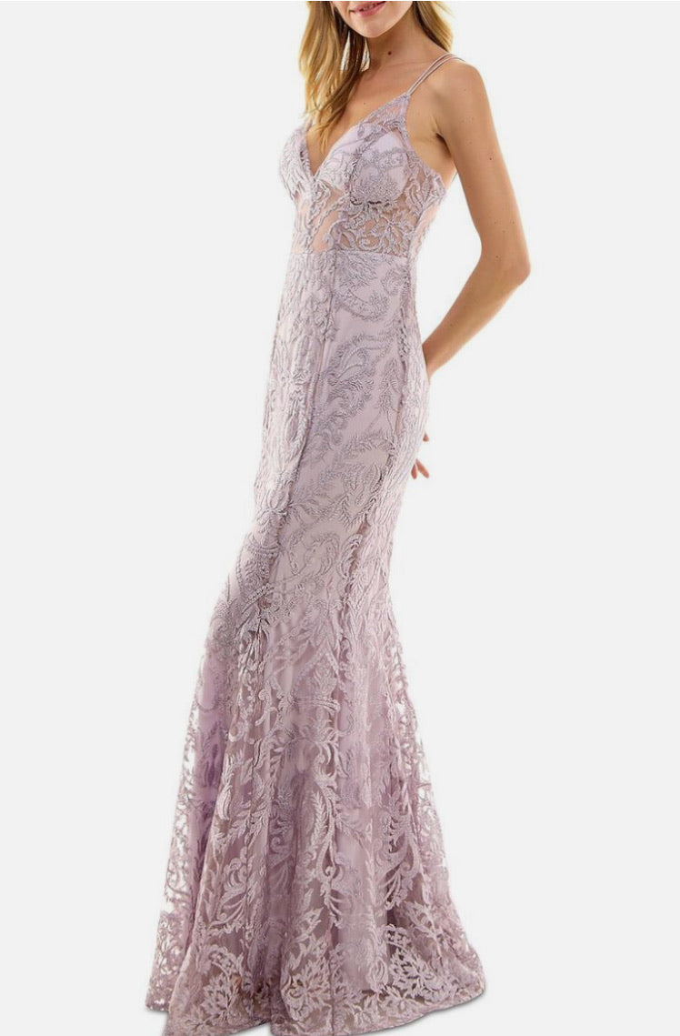 Lavender lace dress on a white background