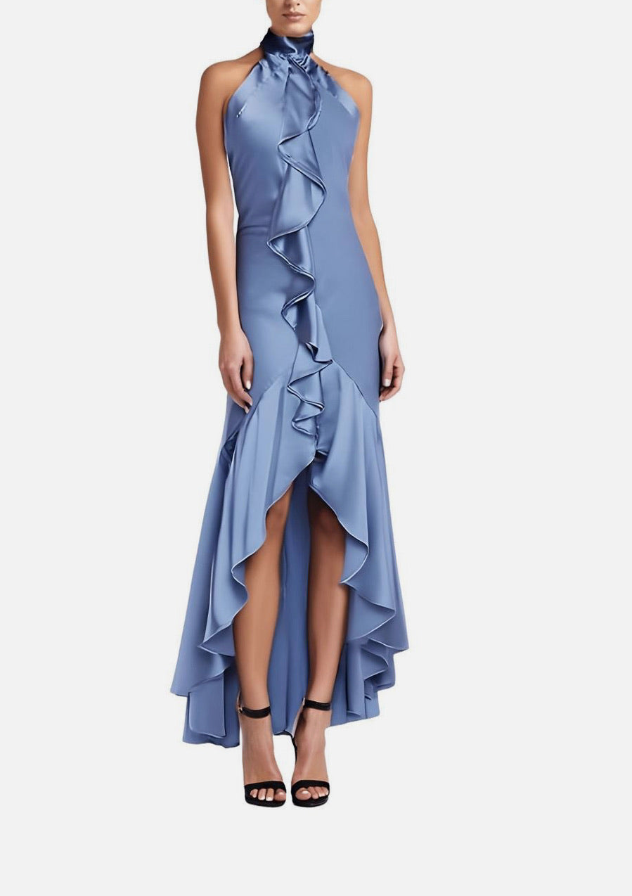 Blue ruffled dress on a white background