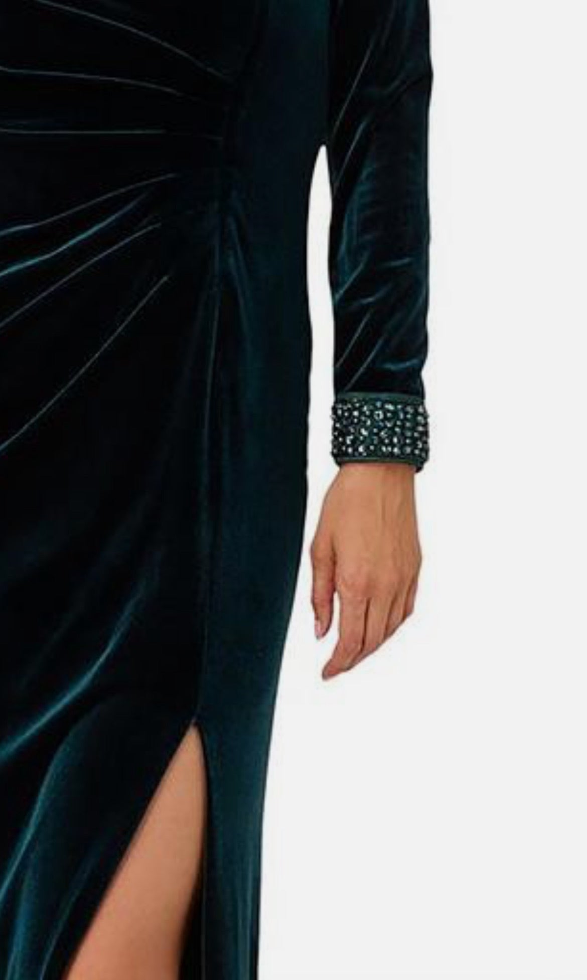 Teal velvet dress with embellished cuffs on a white background
