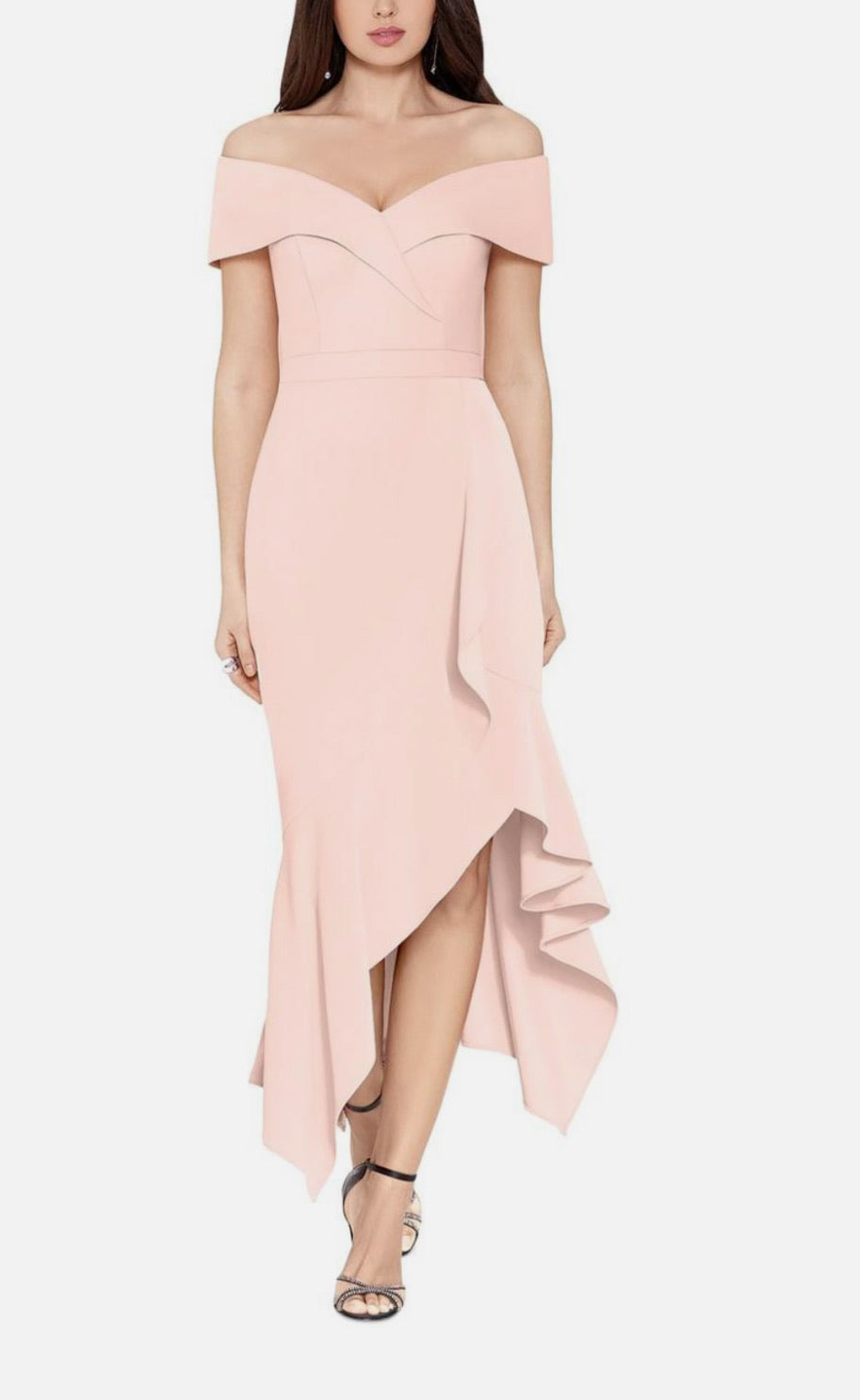 Pink off-shoulder dress with ruffled hem on a white background