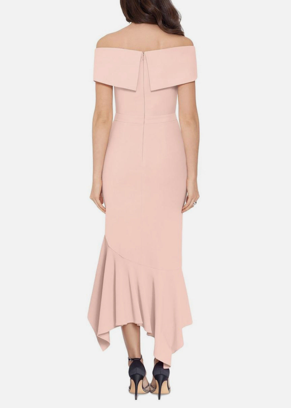 Pink off-shoulder dress worn by a model on a white background