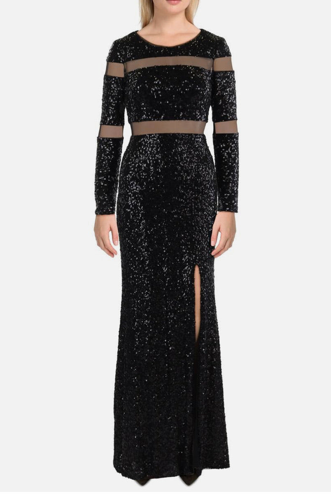 Black sequin evening gown with sheer panels on a white background