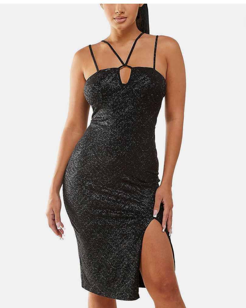 Black sequin dress with cut-out details on a white background