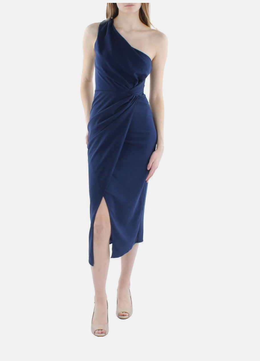 Navy one-shoulder dress with a slit on a white background