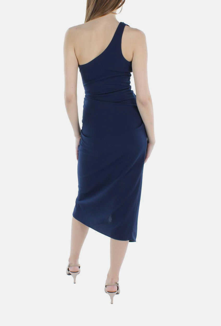 Navy blue one-shoulder dress worn by a model on a white background