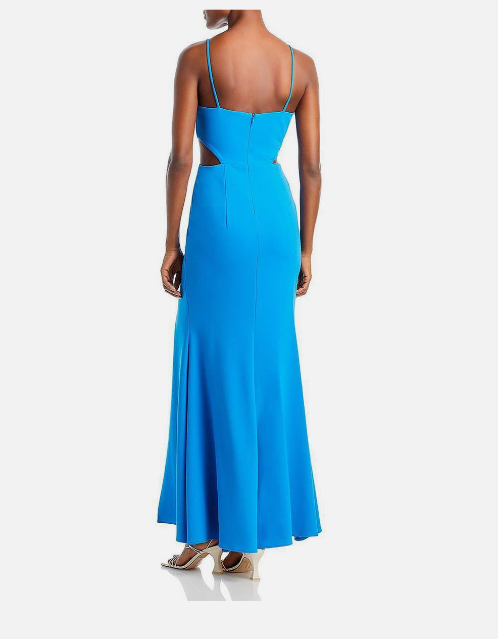 Blue evening gown with cut-out design on a white background