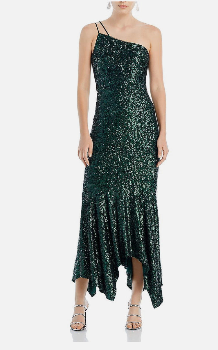 Green sequin one-shoulder dress on a white background