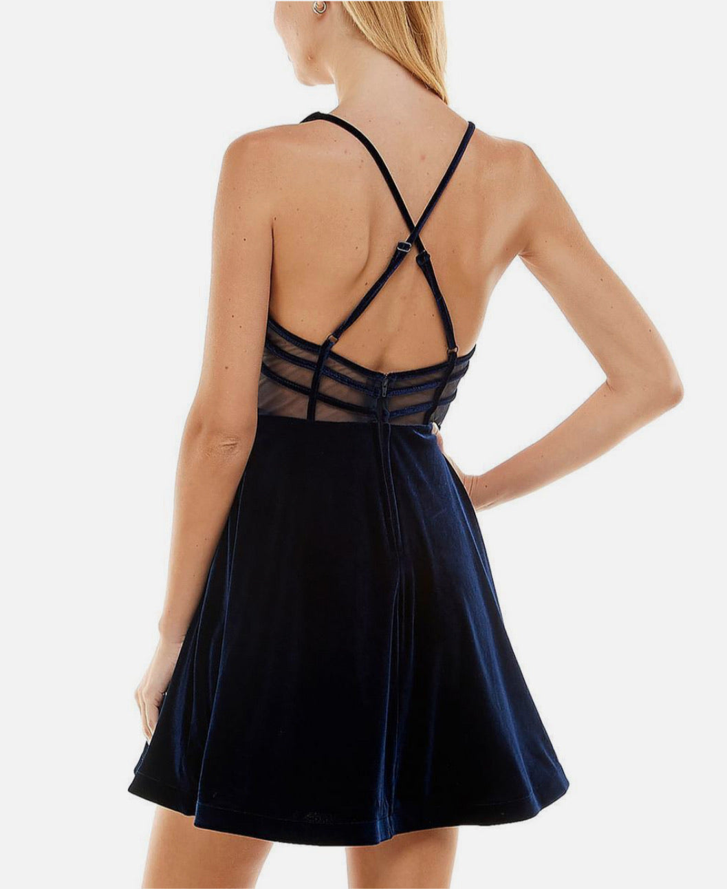 Navy blue dress with thin straps on a white background
