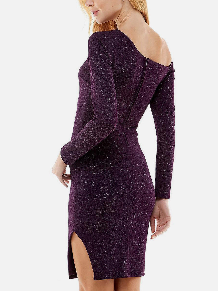Purple off-shoulder dress with long sleeves on a white background