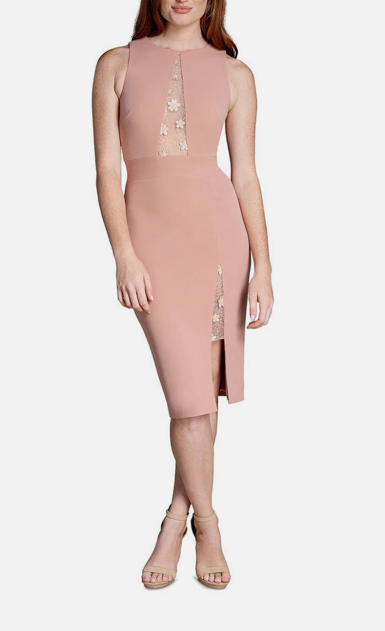 Pink dress with lace details on a white background