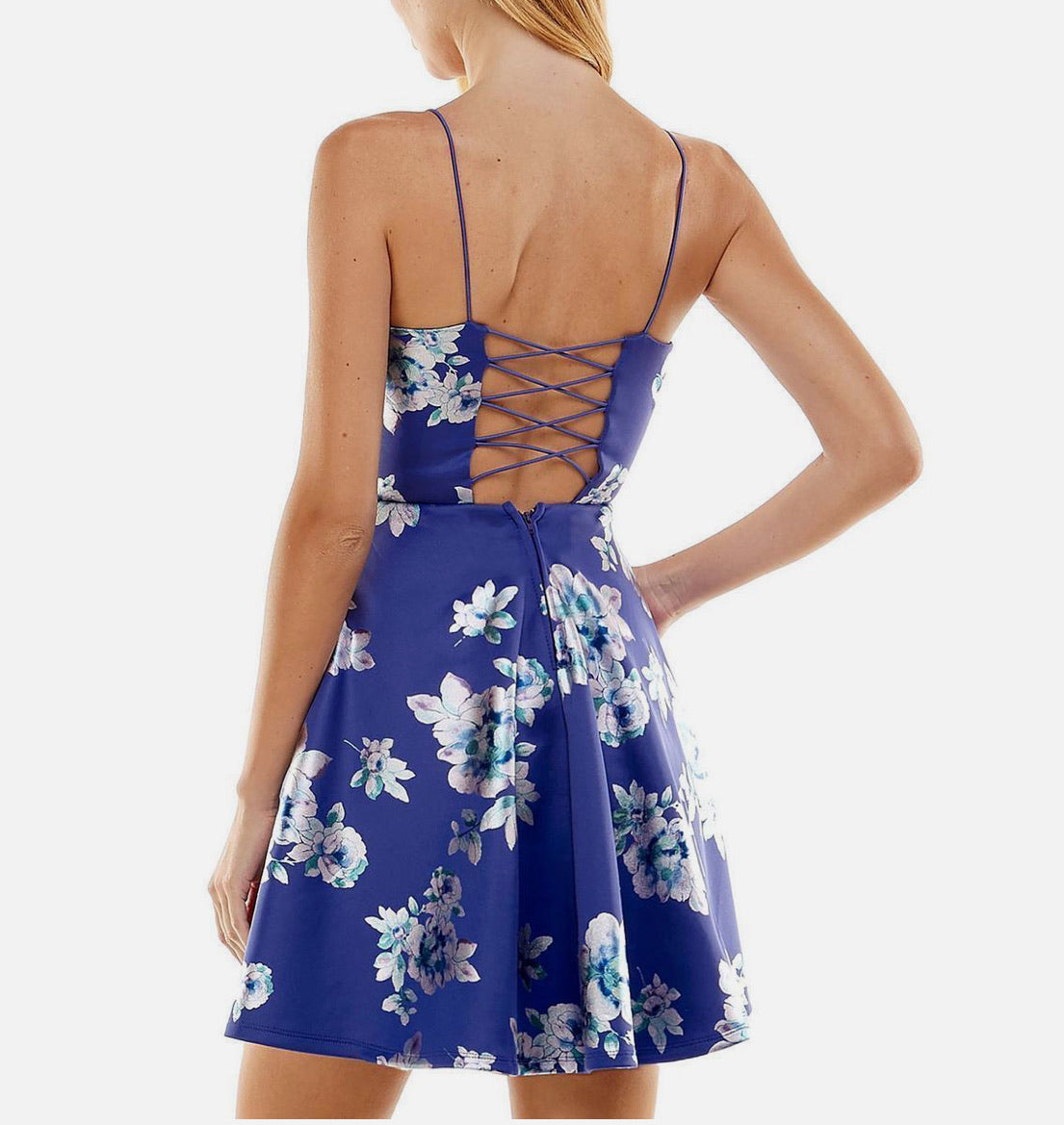 Blue floral dress with lace-up back on a white background