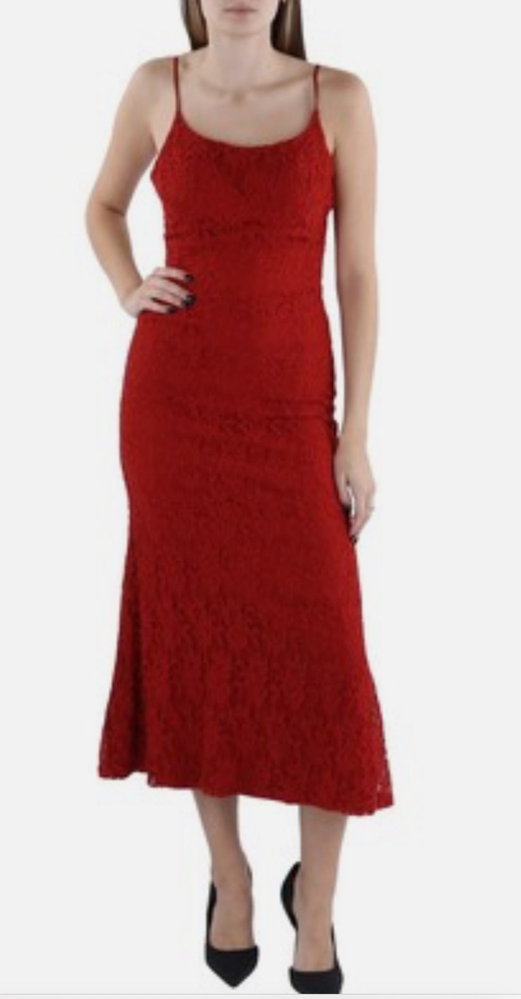 Red dress worn by a person on a white background