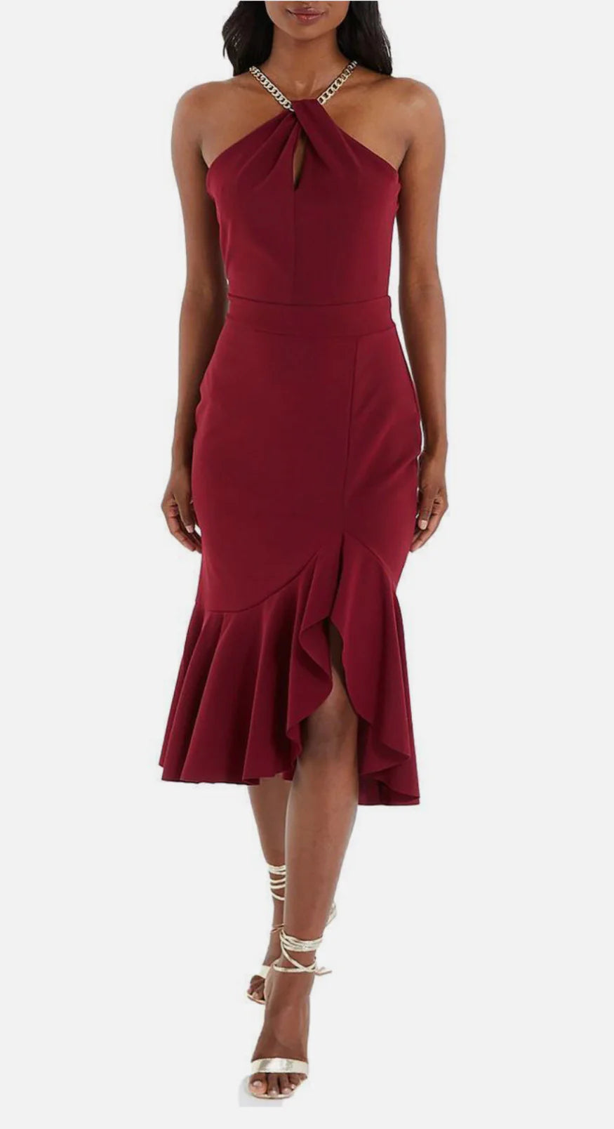 Red halter neck dress with ruffle detail on a white background