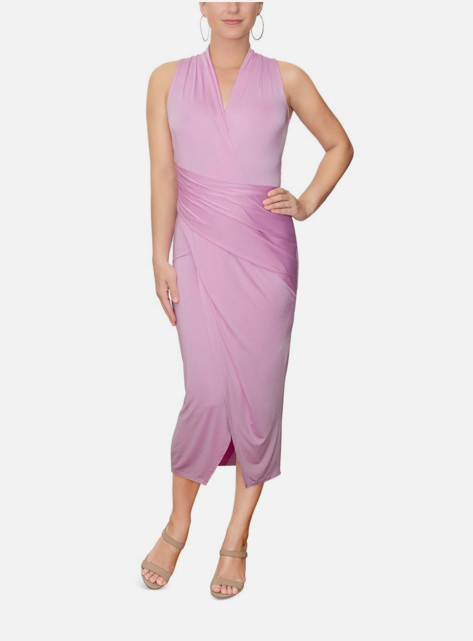 Woman wearing a pink dress on a white background