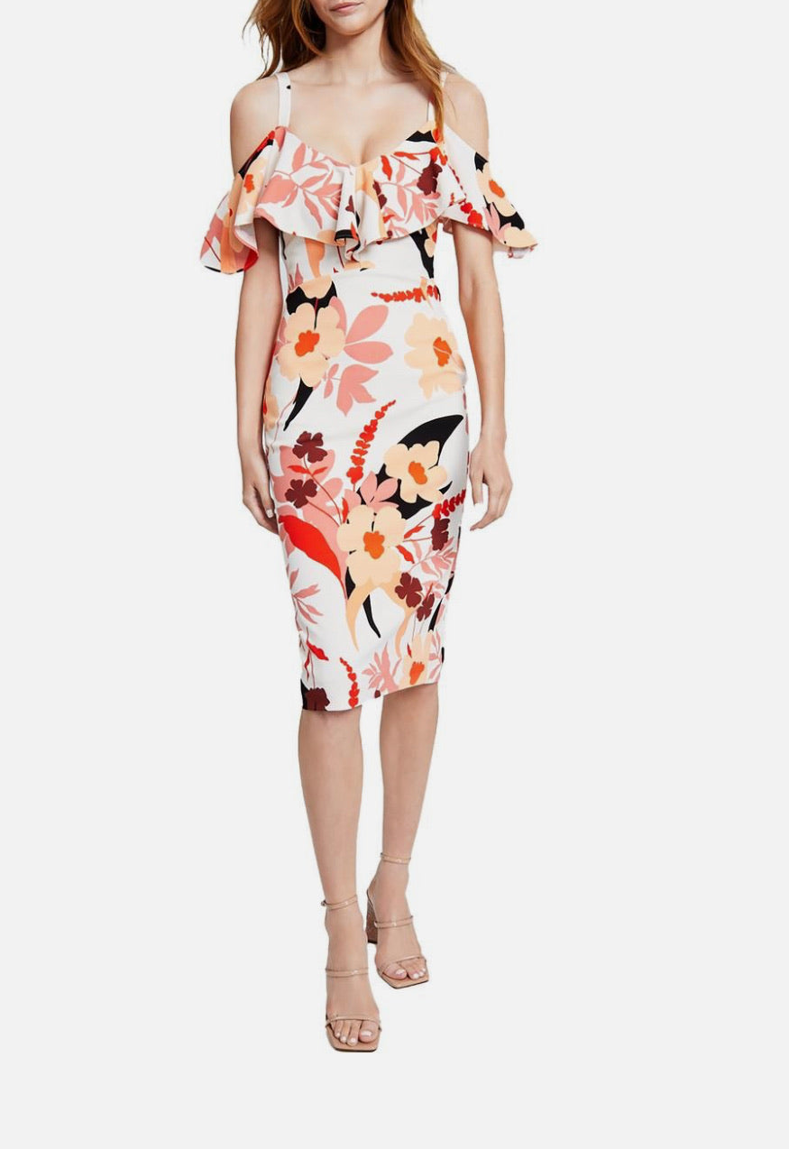 Woman wearing a floral off-shoulder dress on a white background