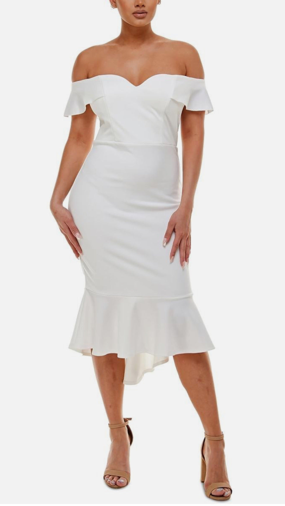White off-shoulder dress with ruffle details on a white background